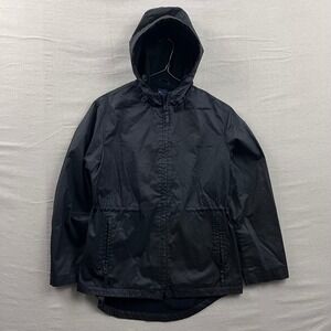 Gap Windbreaker Jacket Men Medium Black Hooded Zip Drawstring Waist Fleece Lined